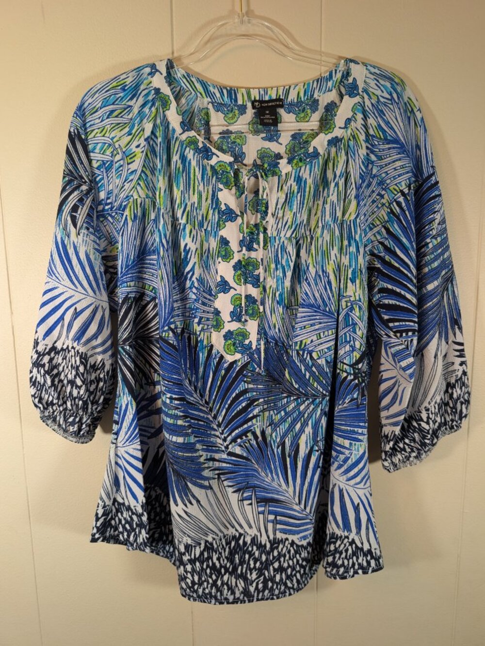 BOHO Tropical Palm Print Peasant Blouse 1X Blue Green New Directions Tunic Top